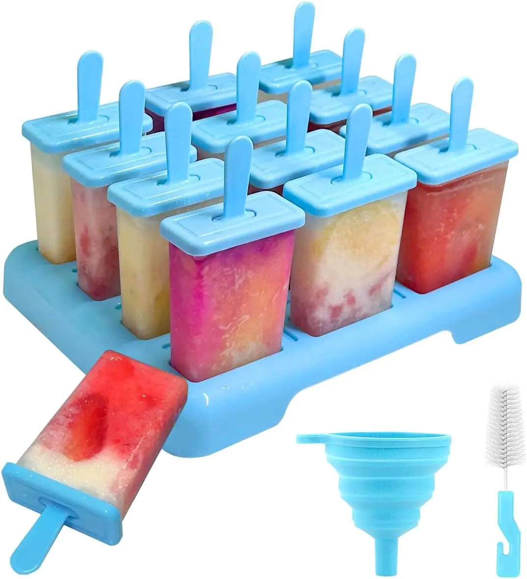 12 Cavities Popsicles Molds, BPA-Free Popsicle Molds with Built-in Popsicle Stick, DIY Popsicle Molds with Cleaning Brush and Funnel