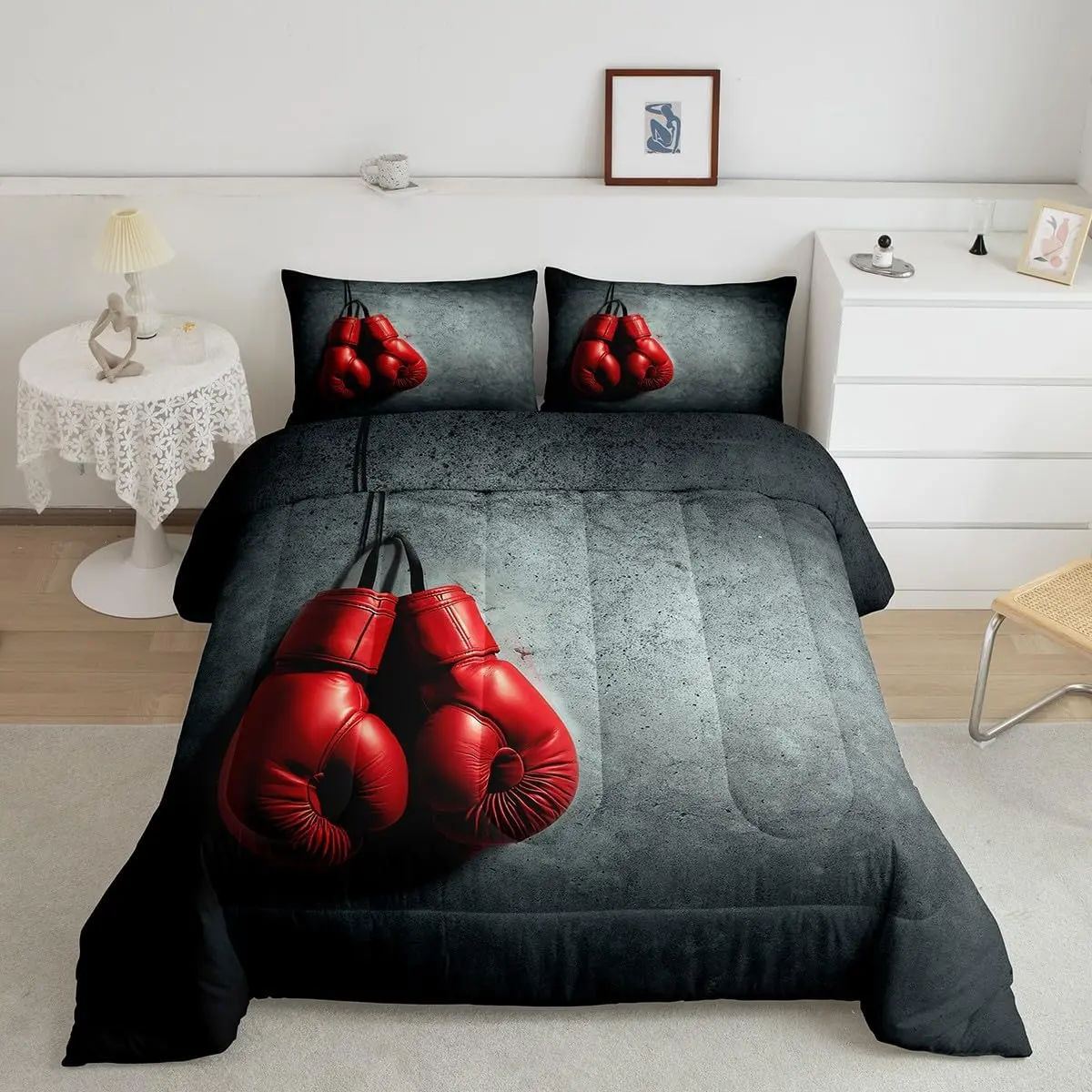 Boxing Bedding Set Sports Theme Comforter Set Men Red Boxing Gloves Pattern Comforter Pugilism Games Design Quilt Set Bedding