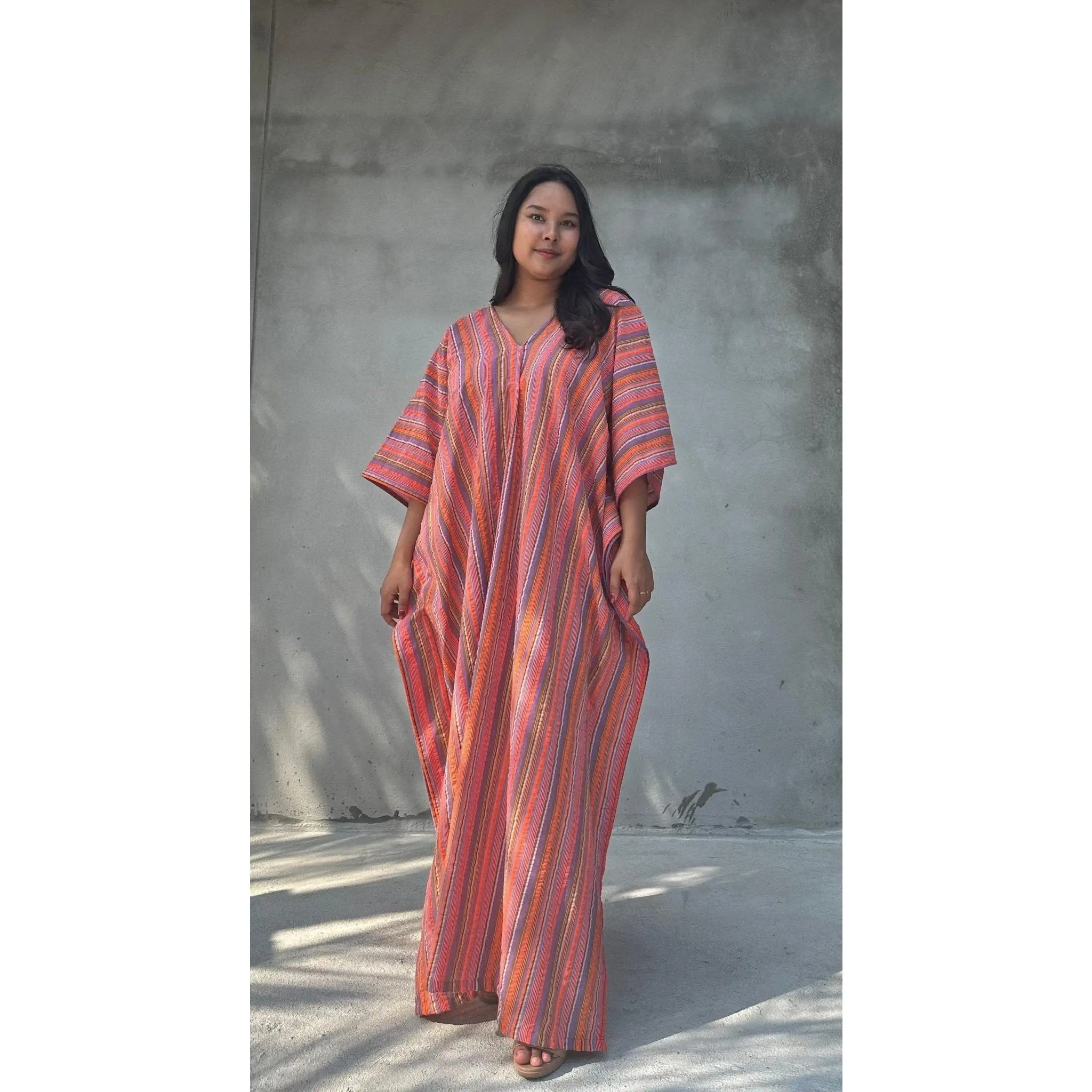 Women's Modest Cotton Kaftan - Ella Rose Woven Stripes, Plus-Size-Friendly, Elegant Casual All Seasons Wear for Travel, Loose Islamic Fashion, Striped