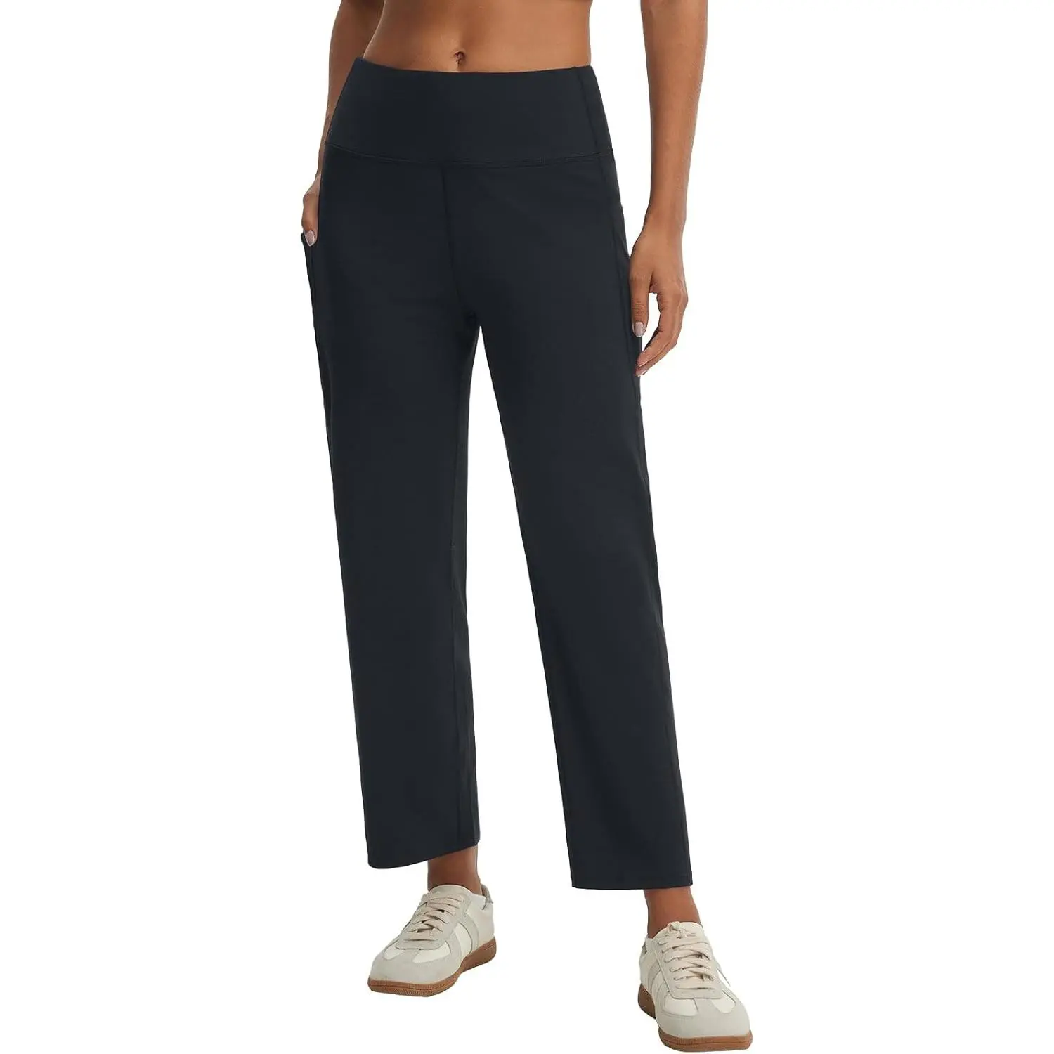 Baleaf Women's 25" High Waisted Wide Leg Yoga Bottoms - Petite, Stretchy Ankle Lounge Clothes with Pockets, Basic Lady's High Waisted Women's Sports Sweatpants for Casual Travel Athleisure, Trouser, Soft Stretch Women's Sports Sweatpants