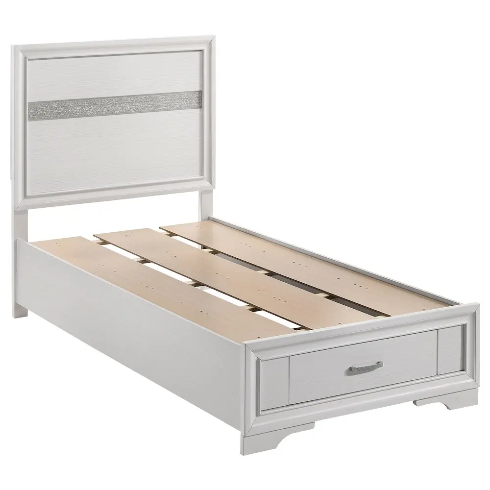Miranda 51-in Wood Twin Bed Frame - White, Acrylic Glitter Finish, Mattress-Ready, Bed Frame Storage Solutions with Handle