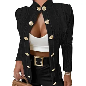 CHICME Women Argyle Cable Cardigan Casual Lightweight Cropped Coat Stand Collar Long Sleeve Metal Button Front Spring Jackets