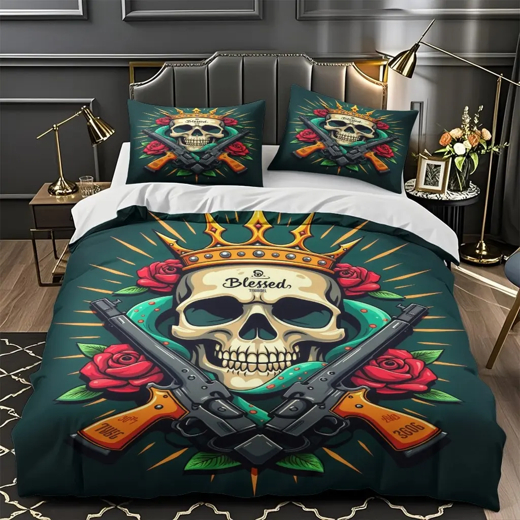 2/3Pcs Comfortable Skull And Rose Tattoo Art Duvet Set With High-Definition Digital Printing, Suitable For All Year Round! Clearance Sale Perfect Gift 100% Polyester Fiber Machine Washable (1 Duvet Cover +1/2 Pillowcase, No Filling)