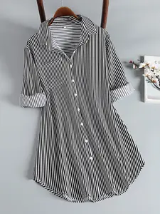 Plus Size Women's Striped Collared Button Shirt, Loose Long Sleeve Casual Blouse, All-Season Wear, Perfect for Office and Daily Use
