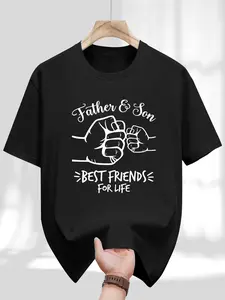 Men's father son "lifelong friend" fist print geometric round neck T-shirt, Father's Day gift, father son matching outfit, family outings and daily casual breathable short sleeved top, dad style