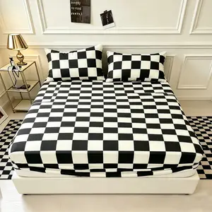 3-Piece Classic Modern Minimalist Black & White Checkered Geometric Fitted Sheet Set, 1 Fitted Sheet + 2 Pillowcases, Cover Only, Soft Fabric, Decor for Men's Bedroom, Ideal Gift, Soft Bedding Sets