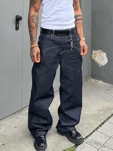 Deep Blue Loose Wide Leg Vintage Style Jeans, Dark Wash Vintage, Fashion Trendy High Street Denim Jeans, All-Season Outdoor Casual Wear, Streetwear