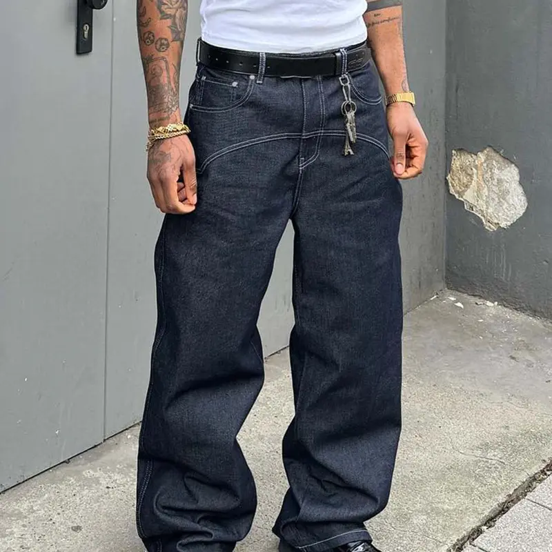 Deep Blue Loose-Fit Retro Style Jeans, Men's Fashionable High Street Denim, All Seasons, Casual Outdoor Wear, Thin Summer Fall Jeans, Streetwear