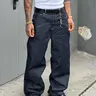 Deep Blue Loose-Fit Retro Style Jeans, Men's Fashionable High Street Denim, All Seasons, Casual Outdoor Wear, Thin Summer Fall Jeans, Streetwear