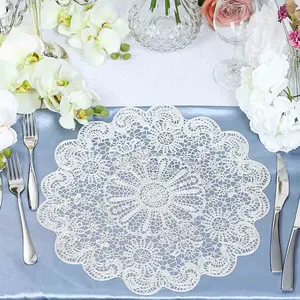 6-Pack Vinyl Dining Table Mats 15" Vintage Floral Lace Design White - Non-Slip and Easy to Clean