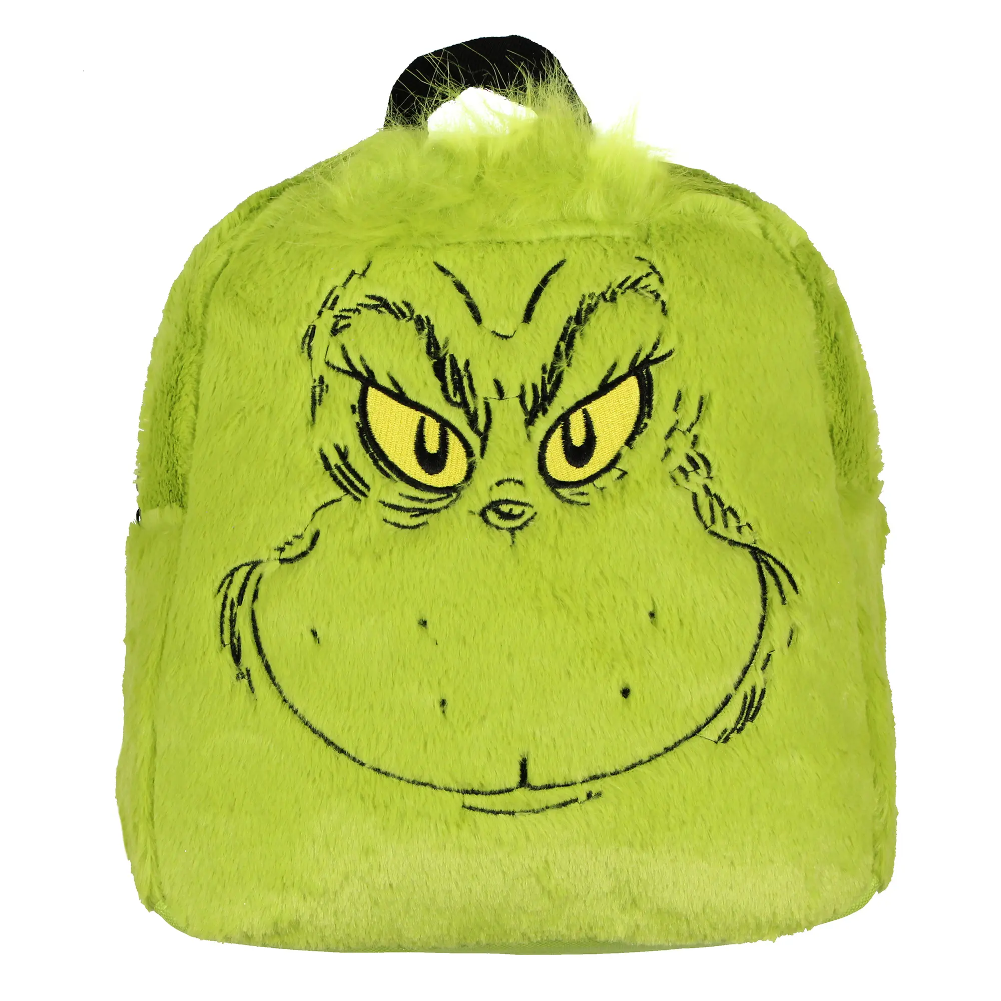 Dr. Seuss The Grinch Embroidered Smiling Face w/ 3D Hair Tuft Fuzzy Soft Mini Backpack Purse with Adjustable Straps 11"
