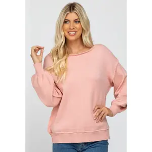 Light Pink Boat Neck Bubble Sleeve Sweater