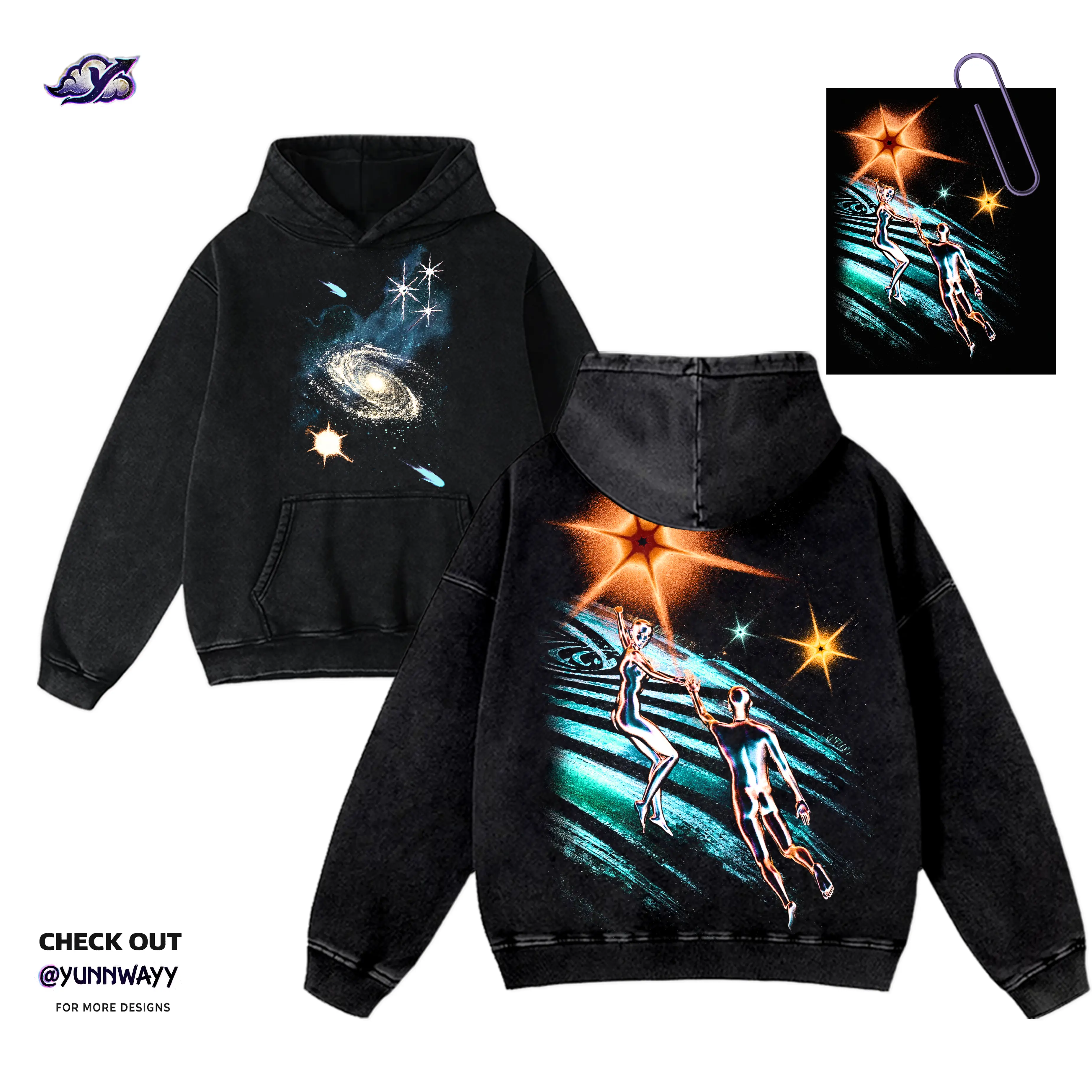Men's Washed Hoodie - Retro Spiritual Sci-Fi Themed, Casual Classic, Sparkling Galaxy Chrome Graphic, Quantum Awareness Supporter, Unisex Y2K Streetwear, Space Adventure Apparel