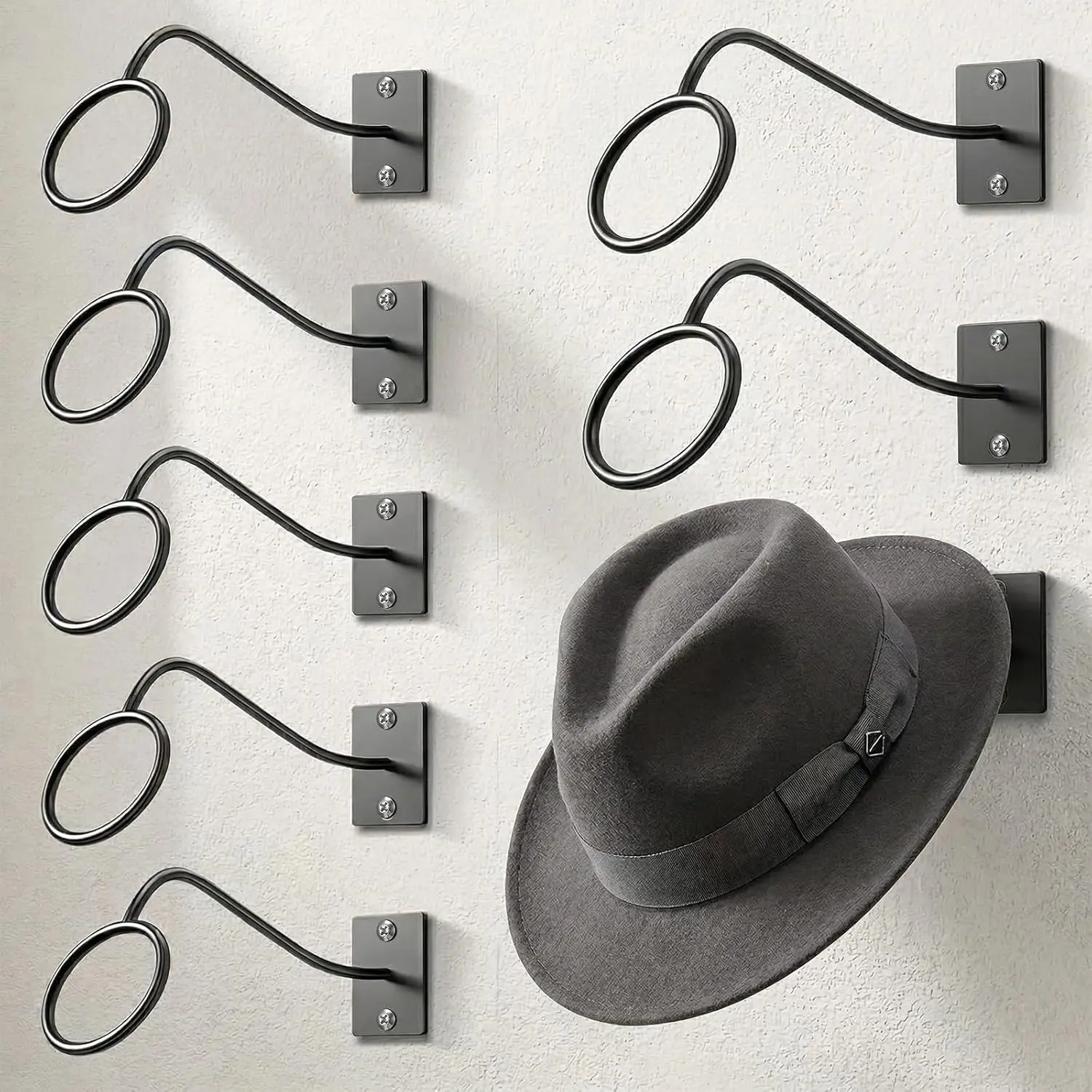 8-Piece Black Hat Rack for Wall Mount, Heavy Duty Iron Alloy Hat Holder with Hooks, Western Rustic Hanger Organizer for Cowboy, Fedora, Sun, Wide Brim Hats and Caps - Space Saving Home Decor