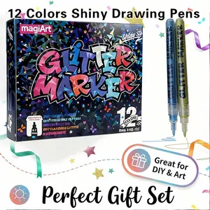 Glitter Markers Pen, 12 Glitter Colors Paint Pens Sparkly Metallic Shimmer Acrylic Marker Fine Point Tip 0.7mm Water-based Ink for Adults DIY Crafts Greeting Birthday Cards