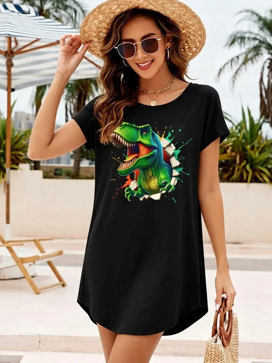 Women's Casual T-Shirt Dress, T-Rex Dinosaur Splash Graphic Tunic, Loose Flowy Short Sleeve Mini Dress with Curved Hem, Shortsleeve, Breathable, Fabric, Lightweight, Straight, Elegance, Basic, Beach, Everyday, Fit, Crew Neck, Polyester Twill sohochic