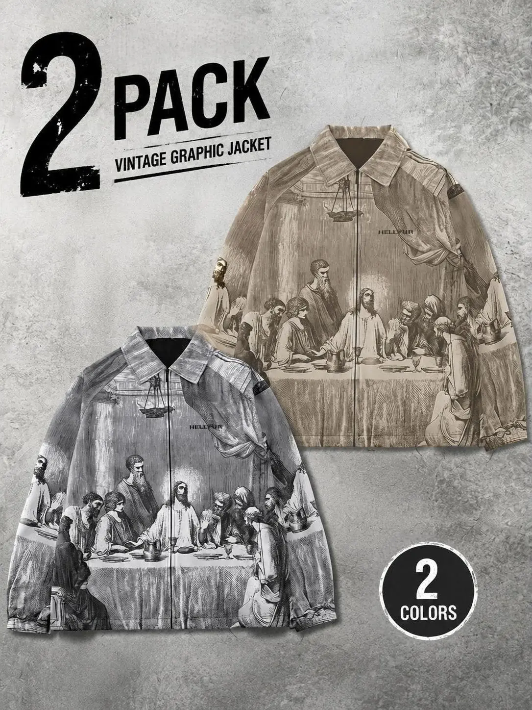 Men's Vintage The Last Supper Art Graphic Collared Jacket - Jesus Motif, Full-Print Zip-Up Loose Lightweight Outerwear for Youth Street Fashion