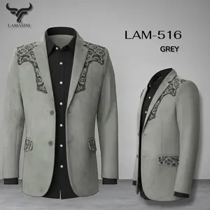 LAMASINI LAM-516 Grey Mens Western Embroidery Blazer Faux Suede Plaid Double Button Medium Length Hand Wash Only All Seasons Coats - Fabric, Long Sleeve, Menswear