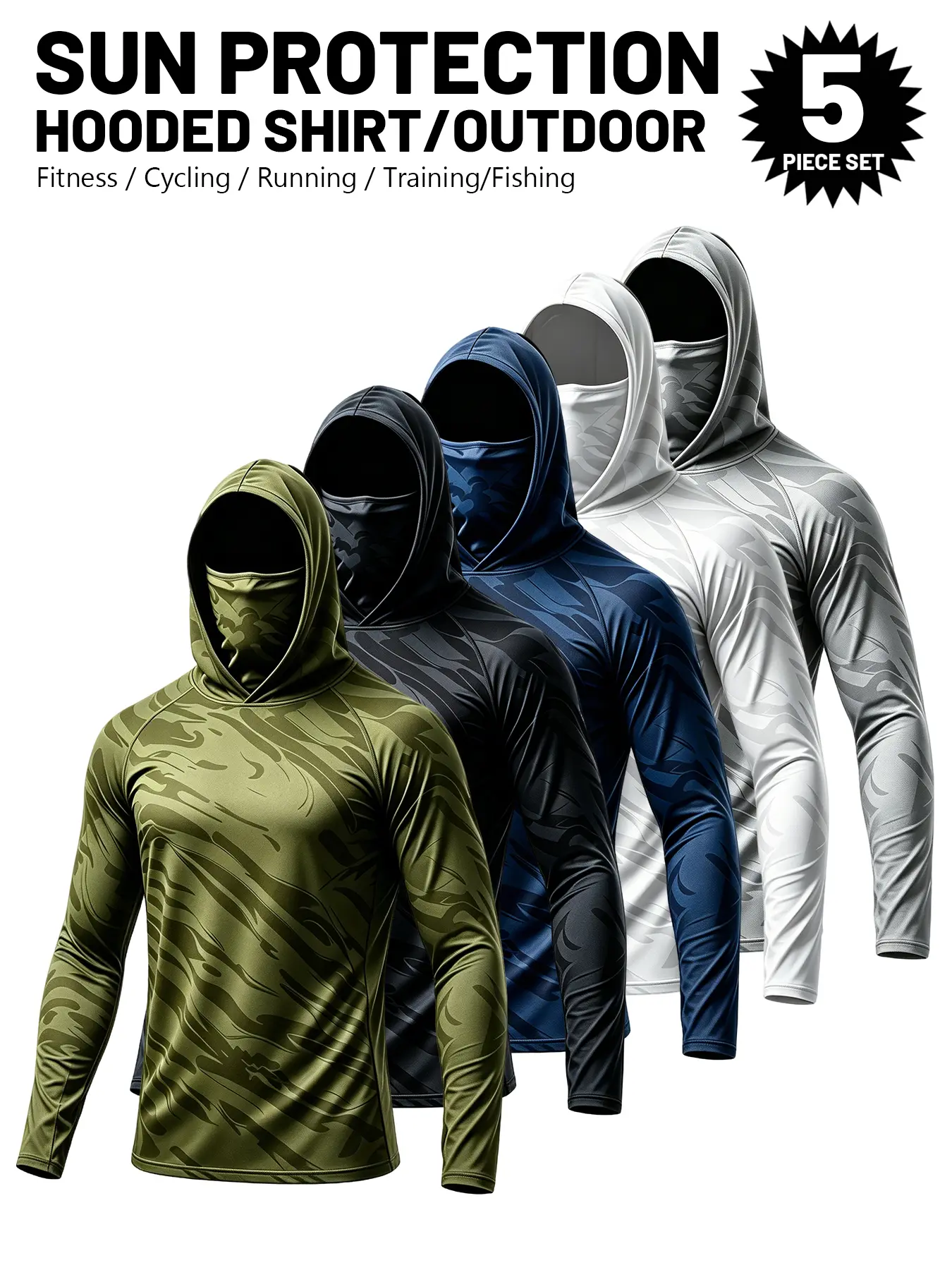 5 Pack Men's Sun Protection Long Sleeve Hooded Shirts, 4-Way Stretch Quick Dry Compression Work Shirt with Built-in Face Mask & Neck Gaiter, UV Protection for Fishing Cycling Gardening Outdoor Work Dry Fit Active Polyester Polyester Polyester