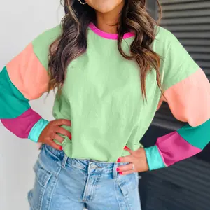 Green Colorblock Patchwork Long Sleeve Loose Top