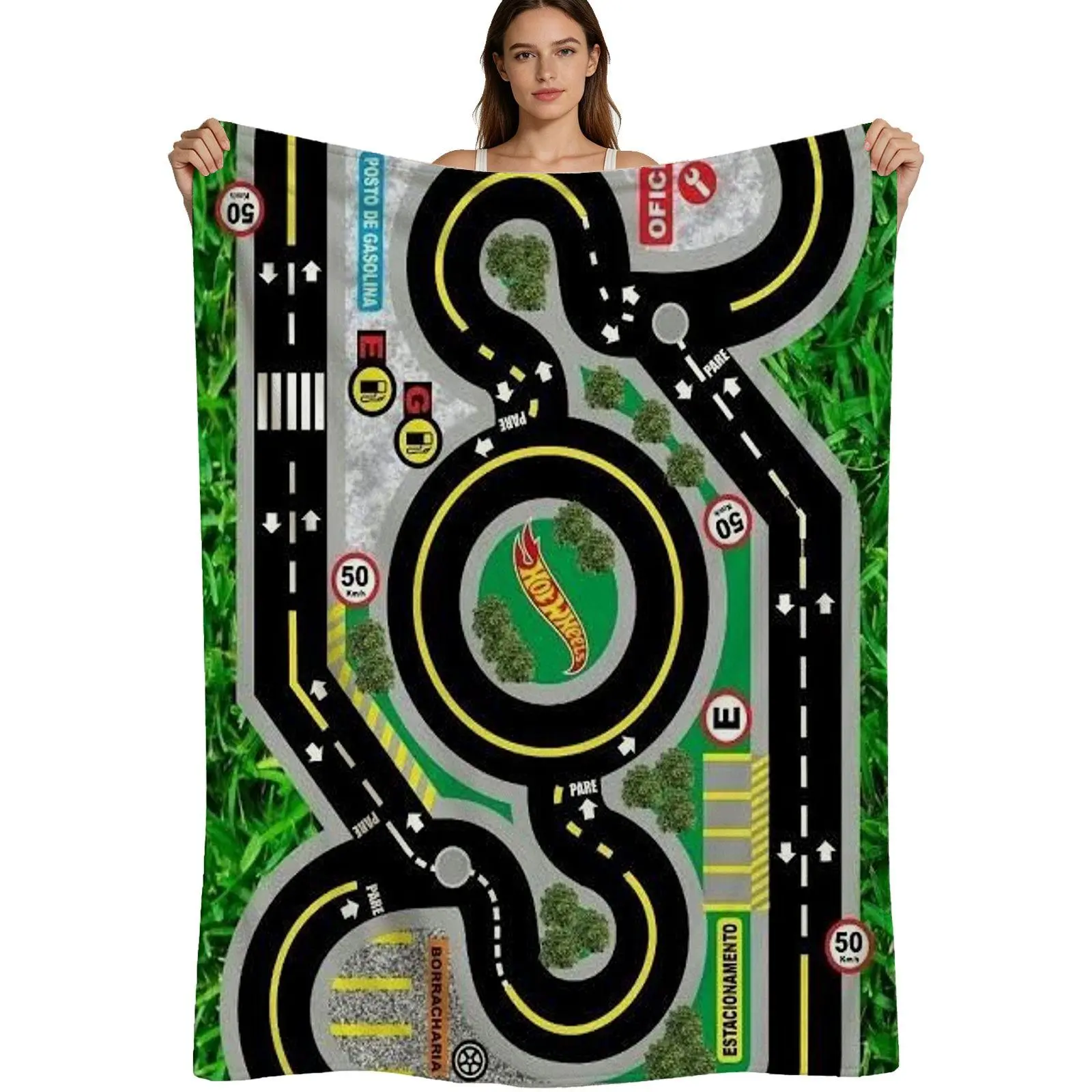Hot Wheels Style, Warm Flannel Blanket, Racing Track Map Design, Soft Printed Fabric, Kids Playroom Decor, 4 Sizes Available Single Pack