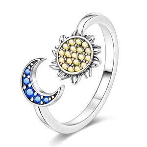 MULA Sun and Moon Open Ring, S925 Sterling Silver Celestial Adjustable Ring with Blue and Yellow Zircon - Ideal Gift for Girls and Women on Birthdays, Christmas, Valentine's Day