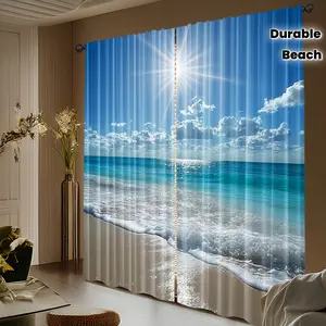 2-Piece Tropical Beach Curtain Panels - Coastal and turquoise ocean design, semi-transparent privacy blackout curtains, easy-to-hang pocket top without the need a, suitable living room, bedroom, bathroom, terrace - Durable polyester decorative curtains, h