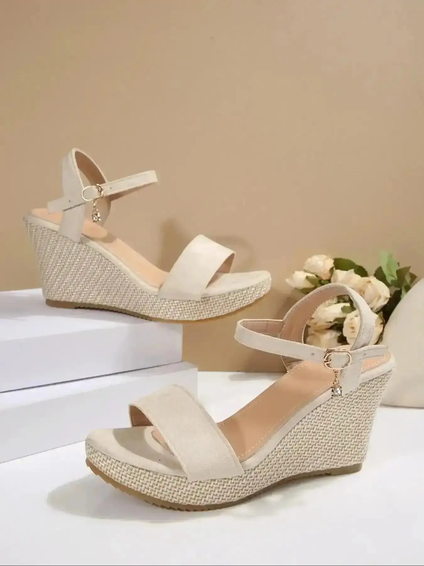 Women's Style Plat Wedge Sndls with Beaded Ankle Strap Open Heel Shoes for Daily or Party Wear essential tropical breezy vacation weekend resort flat sandal go to getaway escapade Sleek Heels Practical Everyday
