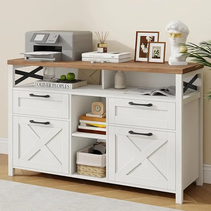 [Summergarden] Vabches Farmhouse Filing Cabinet with Adjustable Shelf for Home Office, Lateral File Cabinets 4 Drawer with Open Storage Shelf, Filing Organization Storage Cabinets for Hanging Files Letter/Legal/F4/A4