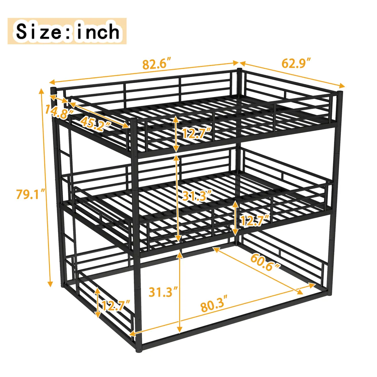 Black + Queen Size (Queen over Queen over Queen)
