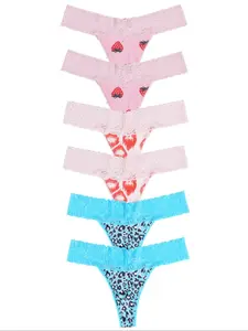 Morvia Christmas 6-Piece Sexy Lingerie Set, Women's Printed Underwear with Contrast Lace Trim, Comfortable Low Waist for Daily Wear