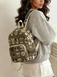 1 piece of 2D printed lady's backpack with dog portrait pattern, corduroy texture + layered storage + light weight reduction | Suitable for students to go to class/shopping/short trips | Combines atmosphere with practicality