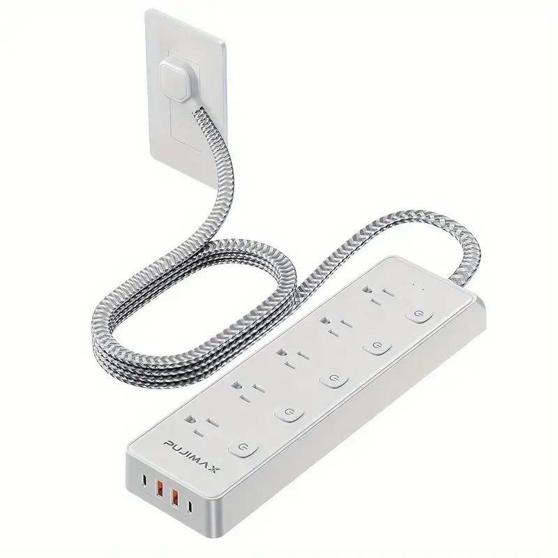 PUJIMAX American Standard 1.5m Braided Cable Power Board with 2 USB 2 Type-C 10 AC Ports Surge Protection Stable Voltage Easy Install for Homes Offices Schools