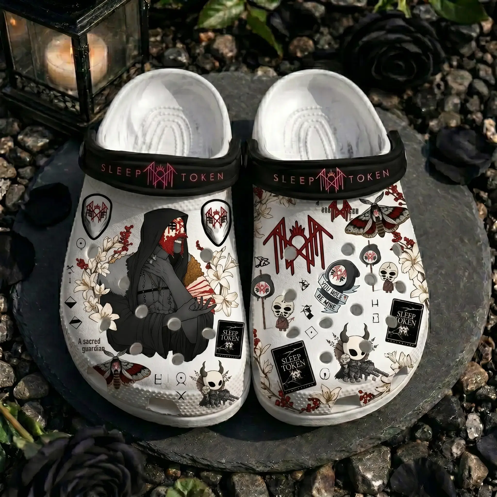 Retro Sleep Token Band Concert Tour Clogs, Gothic Occult Graphic Slip-On Shoes, Monochrome Fantasy Lightweight Casual Footwear