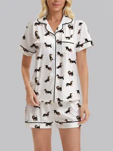 Women's Cartoon Pattern Pyjama Set Pajamas, Soft Short Sleeve Shirt & Elastic Shorts, Casual All-Season Sleepwear Loungewear for Daily Wear