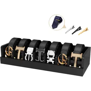 Belt Storage Organizer Box - 7 Grids Bamboo Belt Organizer for Closet | Wooden Belt Tie Hanger Racks for Men Women Drawer | Belt Display Holder Wall Mount with 2 Pcs Tie Clip (Black)