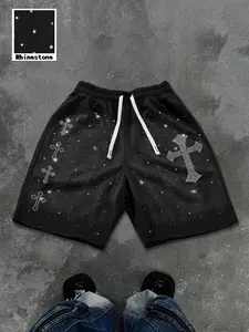 Men's Street Style Rhinestone Shorts, Drawstring Elastic Waist, Sparkling Cross and Star Design, Summer Casual Knee-Length Shorts