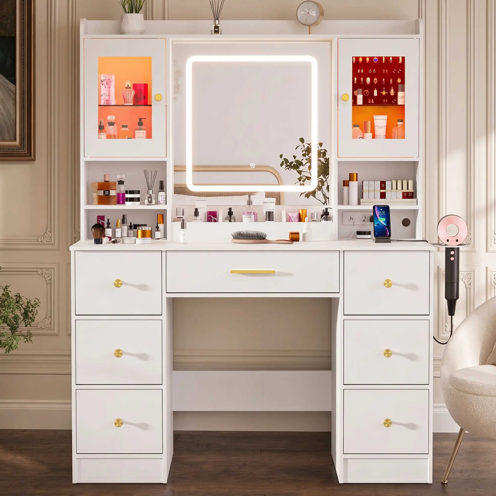 7-Drawer Makeup Vanity Desk Set,Makeup Vanity Desk with Lighted Mirror,3-Color Lights,Tempered Glass Jewelry Cabinet with RGB Ambient Lighting,Power Outlet,White Indoor Furniture for Bedrooms [DealsForYouDays] Vanity With Drawers Vanities With Mirror And