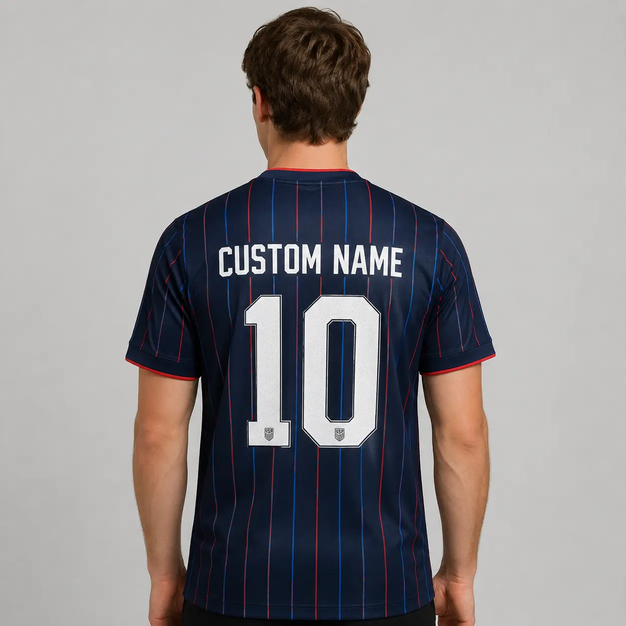 American Navy Pinstripe Soccer Jersey – Custom Name and Number Unisex Football Shirt with Red Blue Vertical Stripes, Short Sleeve Personalized Match Day Fan Top for Training, Sports Events and Gifts