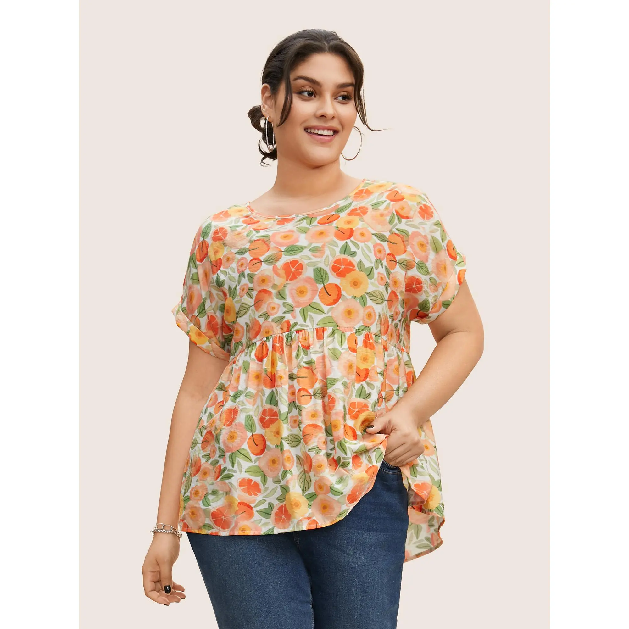 BLOOMCHIC Plus Size Fruit Print Curved Hem Batwing Sleeve Blouse [M–6X], 2026 Summer Vibes,Summerfinds, Smooth, Nylon