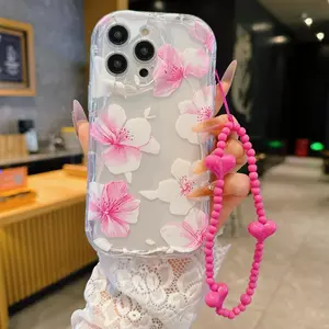 Floral Pattern Phone Case with Heart Charm Lanyard, Fashion Phone Protective Case, Anti-drop Phone Cases Compatible with iPhone 11 12 13 14 15 Pro Max, Cover