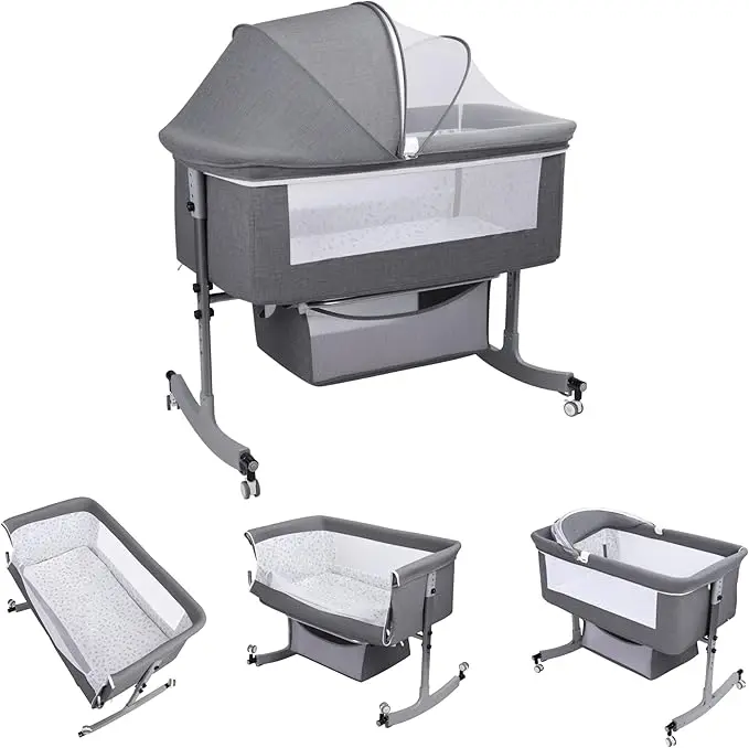Bedside Bassinet Baby Crib with Large Curvature Cradle, Height Adjustable, Movable with Mosquito Net & Wheels, Load-Bearing 22.04 lbs, 3-in-1 Design for Safe & Comfortable Sleep