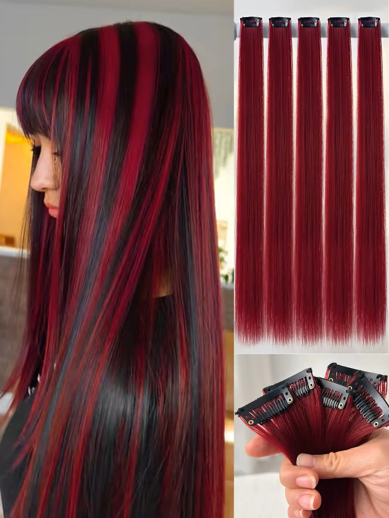 5 piece Set, 22 inch Wine Red Color Clip-in Hair Extensions, 5-piece Thick Highlighted Hairpieces, Long Straight Clip-in Hair Pieces, Full Head Soft Synthetic Hair Extensions, Synthetic Fiber Extensions for
