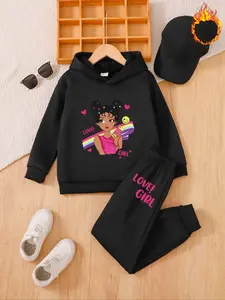 Boys' Fall Winter Fleece Hoodie Set, Outfit, Cute Cartoon Print, Love! Girl Design, Casual Style, Thick Fabric, Kids Daily Wear