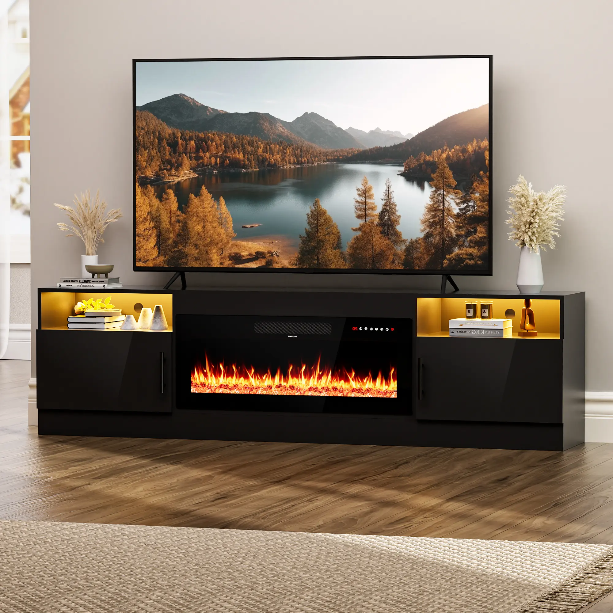 [2 Packs Shipped] AHB 80" Modern Gloss Fireplace TV Stand with 36" Electric Fireplace, LED Light Strips & High Gloss Door, Fits TVs Up to 90 in, Living Room Entertainment Center & Decor, Living Room Decor homeessentials