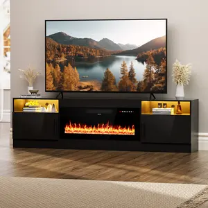 [2 Packs Shipped] AHB 80" Modern Gloss Fireplace TV Stand with 36" Electric Fireplace, LED Light Strips & High Gloss Door, Fits TVs Up to 90 in, Living Room Entertainment Center & Decor, Living Room Decor