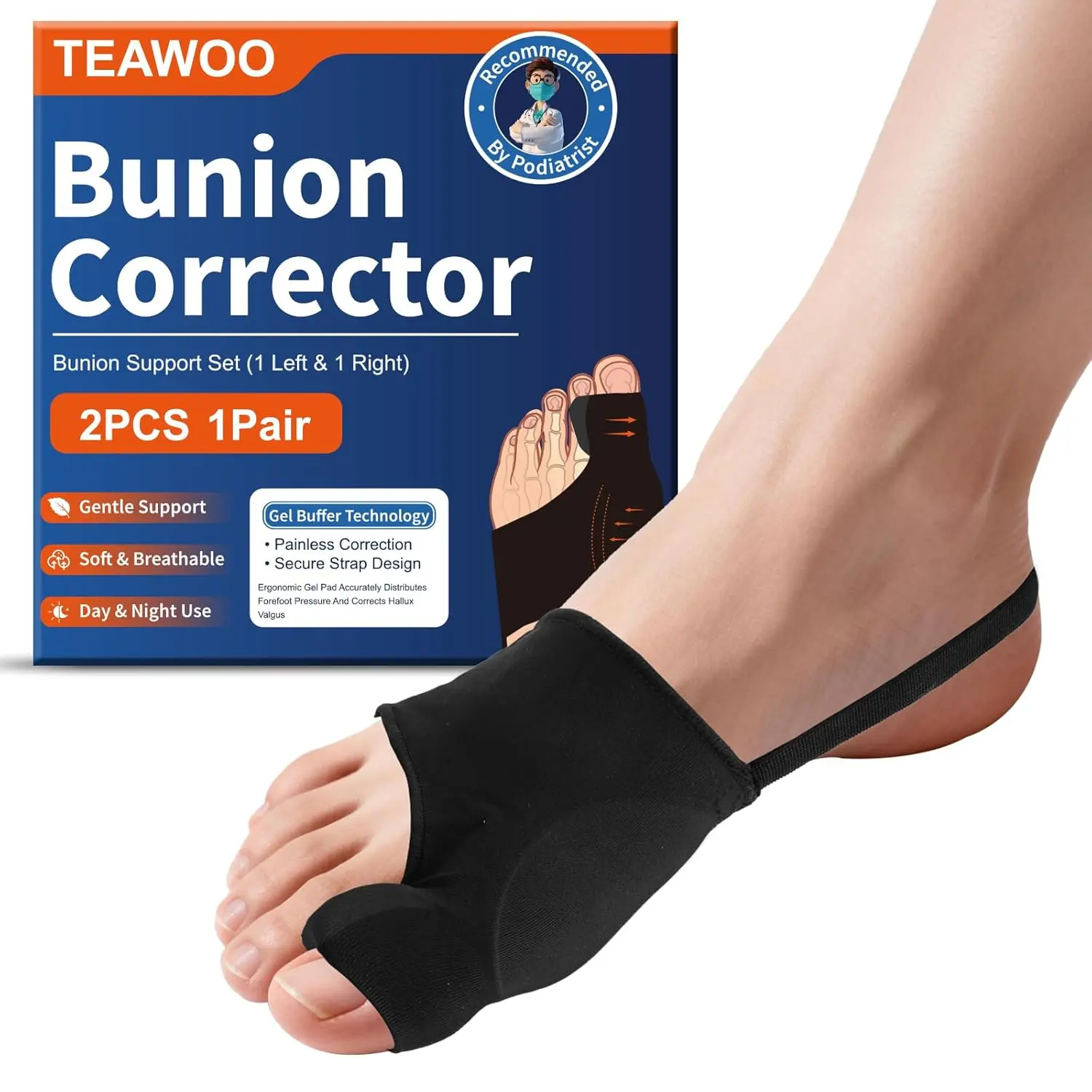 2Pcs Bunion Corrector for Women & Men, Comfortable Big Toe Straightener with Pads & Splint, Hallux Valgus Pain Relief for Day & Night Support with Anti-slip Strap(1 Pair, Black)