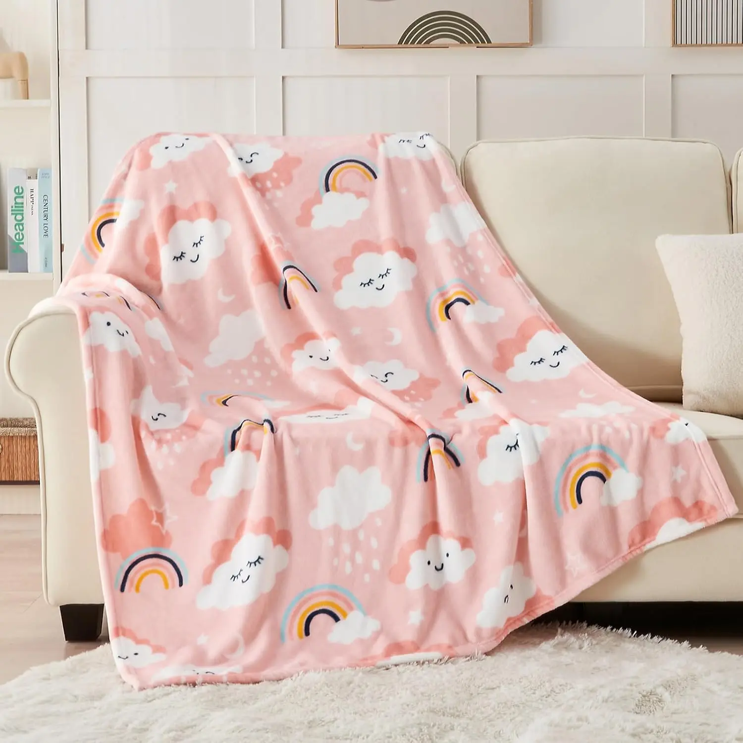 Cute Cloud Print Fleece Throw Blanket for   and , Soft Lightweight Cozy Warm Flannel Blanket for  Bed, Pink 50 x 60 Inches