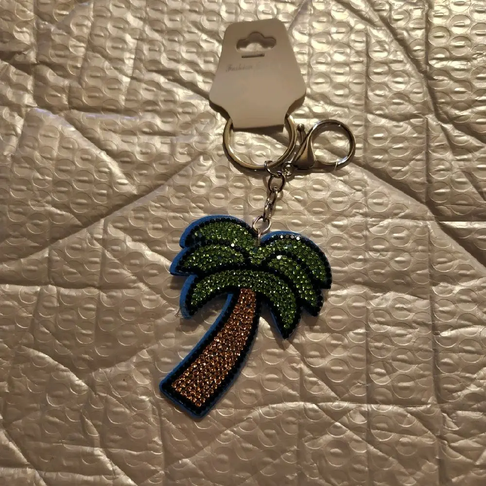 Tropical Palm Tree Keychain with Sparkling Green Leaves and Gold Trunk