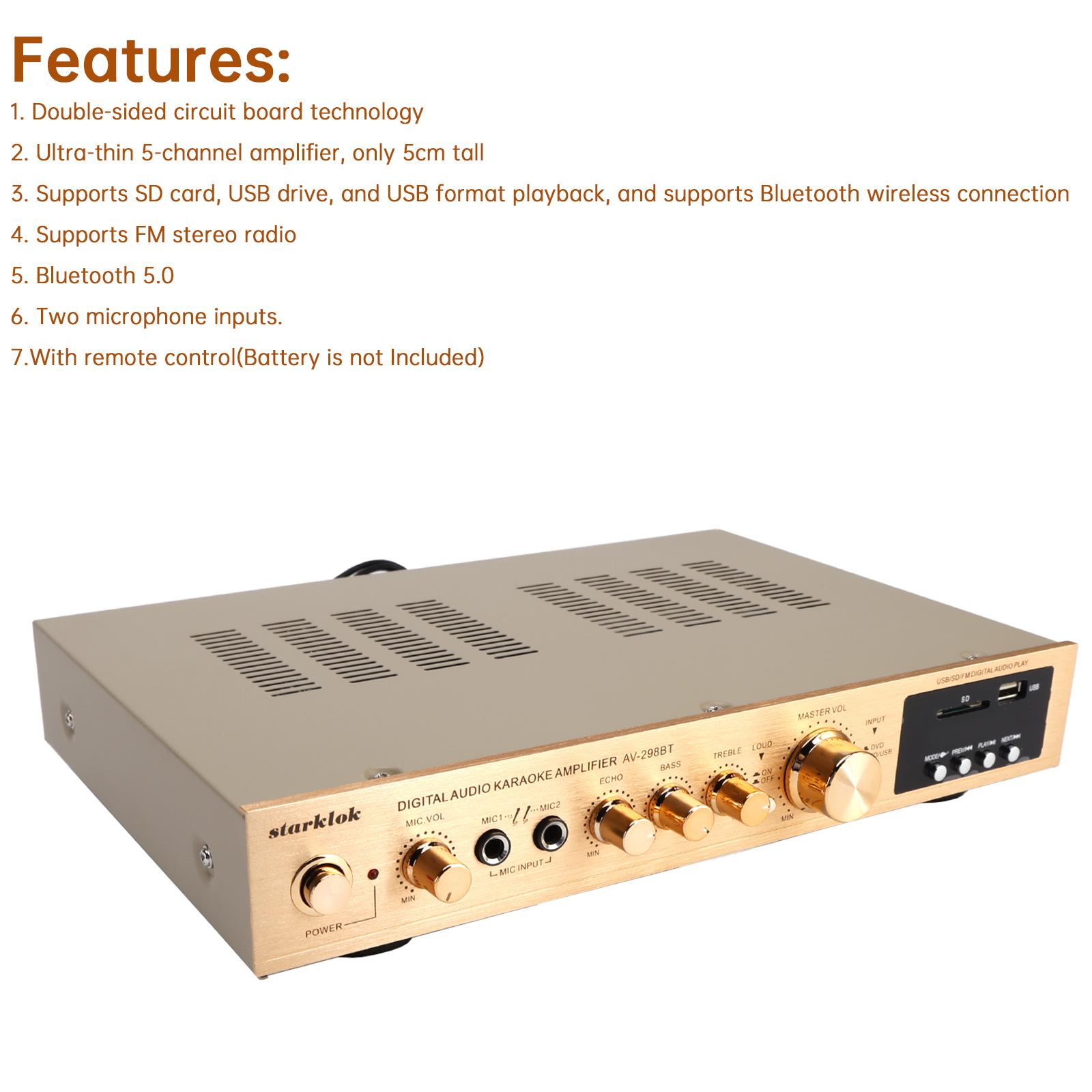 Areyourshop Power Amplifier EQ Bluetooth 5.0 Stereo Amplifier with Remote Control Support USB Disk SD Card for Home Cinema Party